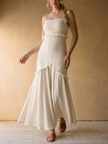 Womens Tassle & Fringe Trim Boho Style Long Dress For Summer - Summer Dress, Event Dress, Party Dress For Summer, Wedding Party Dress, Premium Dress, ROUAH Dress, Boho Dress For Summer - Yellow - View 7