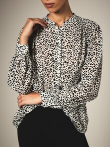 KSTM Leopard Spot Print Button-Up Blouse With Puff Long Sleeves Notch Neckline Relaxed Fit High-Low Hem - Multicolor - View 1