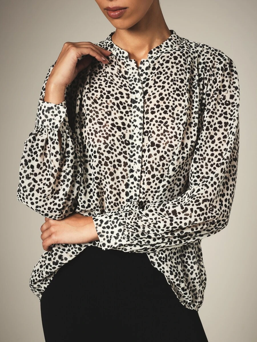 KSTM Leopard Spot Print Button-Up Blouse With Puff Long Sleeves Notch Neckline Relaxed Fit High-Low Hem - Multicolor - View 1