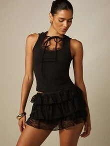 MISSGUIDED Tiered Ruffle Lace Mini Skort With Floral Lace Overlay Party Night Out Summer Festival Style - Black - View 1