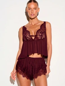 KIZN Lace Trim Deep V-Neck Cami Top Flowy Babydoll Sleeveless Nightwear Intimate Sleepwear Camisole - Brown - View 1