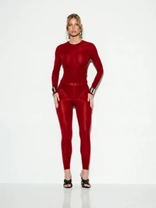 KIZN Sheer Long Sleeve Crew Neck Top Slim Fit Semi-Transparent Lightweight Layer Essential - Red - View 5