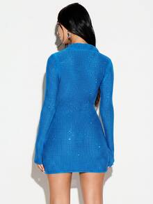 KIZN Rhinestone Hotfix Polo Collar Mini Dress With Long Sleeves, Deep V-Neck, Body-Con Fit, Party Night Out - Blue - View 2