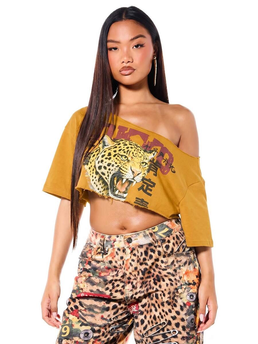 SUMWON WOMEN Oversized Off Shoulder Crop Graphic Tee With Leopard Print And Tokyo Japanese Street Style Design - Yellow - View 1