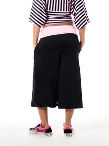 SUMWON WOMEN Wide Leg Fold-Over Waistband Culottes Shorts With Script Print Below Knee Length Casual Summer Style - Black - View 2