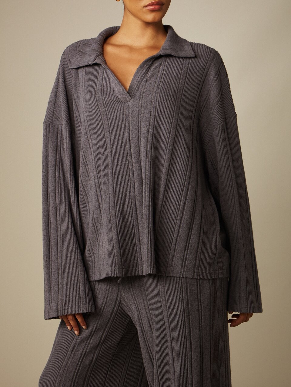 MISSGUIDED Ribbed Knit Collared Polo Sweater And Wide Leg Palazzo Pants Co-Ord Two-Piece Matching Set