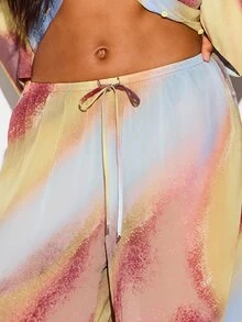 KIZN Abstract Swirl Print Wide Leg Drawstring Trousers Beach Cover Up Summer Vacation Resort Wear Palazzo Pants - Multicolor - View 4