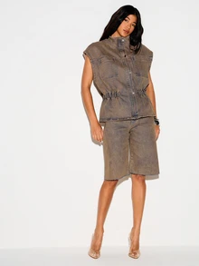 KIZN Sleeveless Denim Funnel Neck Vest Jacket With Elastic Waist Cinch Snap Button Closure And Dual Chest Patch Pockets - Brown - View 5