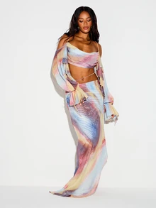 KIZN Abstract Print Cowl Neck Balloon Sleeve Crop Blouse With Off-Shoulder Detail And Ruffle Trim Summer Festival Style - Multicolor - View 3