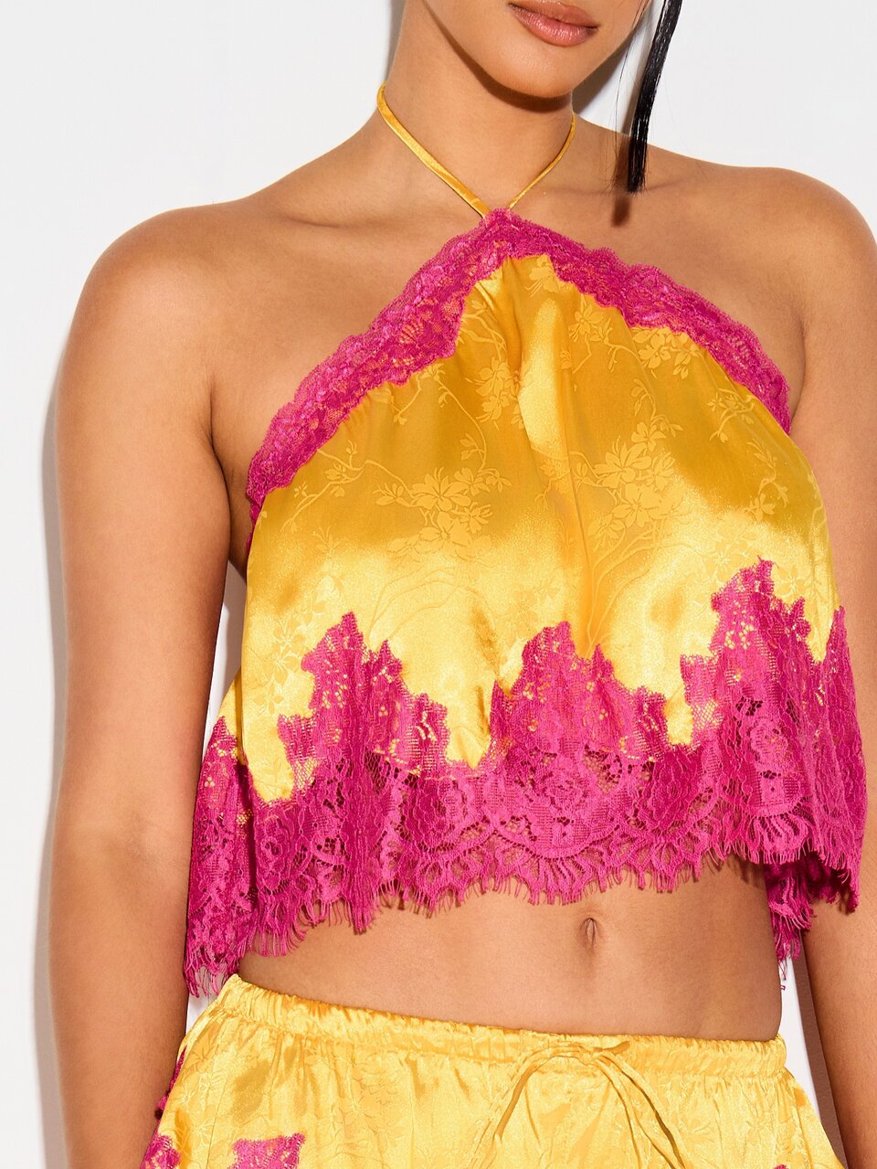 Satin Halter Crop Top With Lace Trim