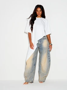 KIZN Camiseta Oversize con Hombreras Asimétricas, Bajo Alto-Bajo y Diseño de Hombros Caídos con Cuello Redondo - Blanco - Ver 3