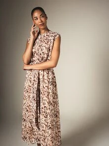 KSTM Animal Print Cap Sleeve Dress With Tie Waist Detail Flowy A-Line Silhouette Autumn Holiday Brunch Beige Elegant - Multicolor - View 3