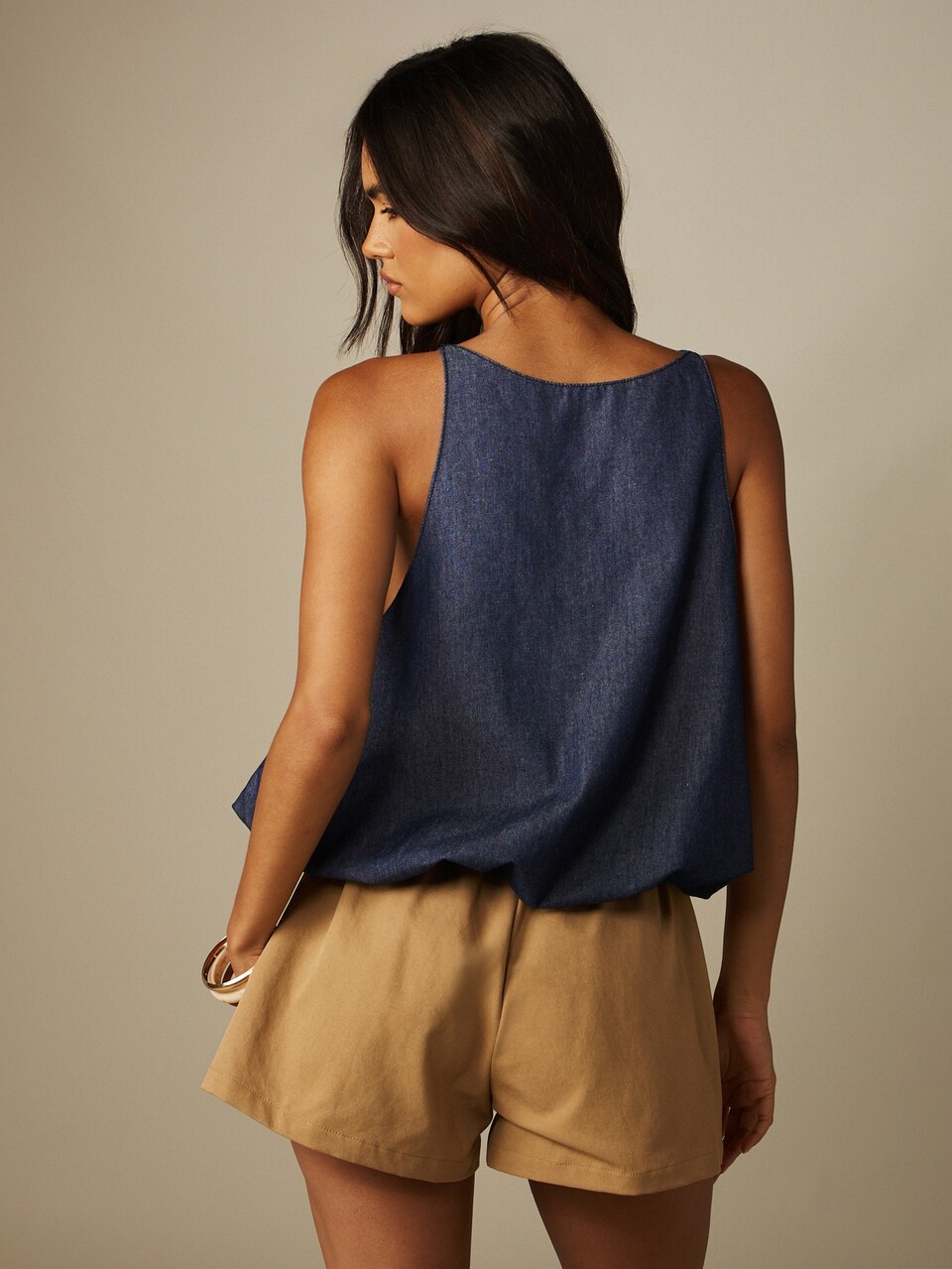 MISSGUIDED Chambray Denim Bubble Hem Tank Top Sleeveless Scoop Neck Flowy Summer Casual Swing Top
