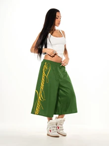 SUMWON WOMEN Wide Leg Culottes With Calligraphy Script Side Print And Elastic Waist Midi Shorts - Army Green - View 5
