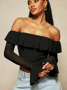 MISSGUIDED X Carli Bybel Ruffle Ruffle Frill Corset Crop Top With Sheer Mesh Long Flared Sleeves Party Club Night Out Halloween Black Autumn Sexy - Black - View 2