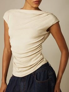 MISSGUIDED Jersey Boat Neck Draped Ruched Asymmetric Cinched Waist Cap Sleeve Top | Casual Chic Spring Summer - Apricot - View 4