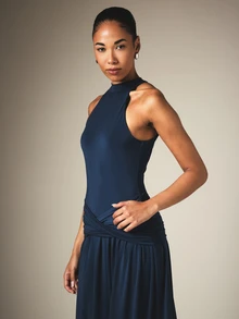 KSTM Halter Neck Ruched Waist Maxi Dress Sleeveless Racerback Flowing Skirt Evening Party Formal Occasion - Blue - View 5