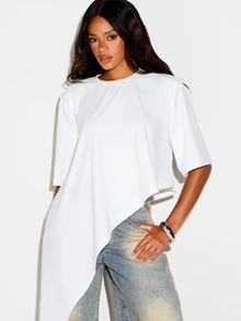KIZN Camiseta Oversize con Hombreras Asimétricas, Bajo Alto-Bajo y Diseño de Hombros Caídos con Cuello Redondo - Blanco - Ver 4