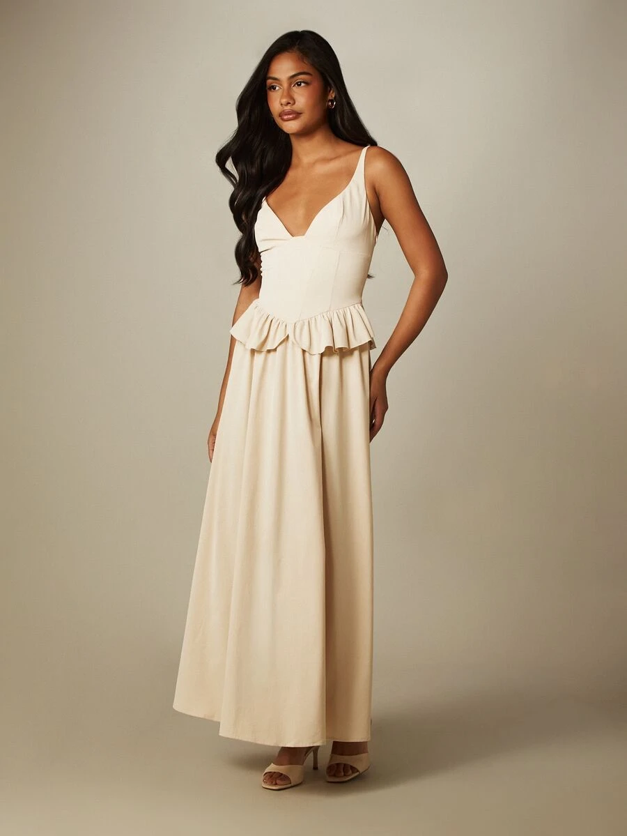 MISSGUIDED Woven Poplin Corset Maxi Dress With Frill Peplum Waist And Adjustable Strappy Back For Summer Wedding Guest Events - Khaki - View 1
