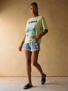 Rouah Women's Printed 100% Cotton Hawaii Palm Tree Round Neck Short Sleeve Casual T-Shirt - Summer T-Shirt, Casual Tee, Casual Top, Top For Summer - Mint Green - View 3