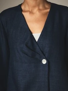 KSTM 亞麻質感 V 領單鈕扣西裝外套與寬腿九分褲套裝 夏季休閒正裝 - 藏蓝色 - 查看 5
