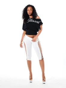 SUMWON WOMEN Off Shoulder Blessed Script Print Crop Top With Batwing Short Sleeves And Banded Hem Casual Summer Style - Black - View 5
