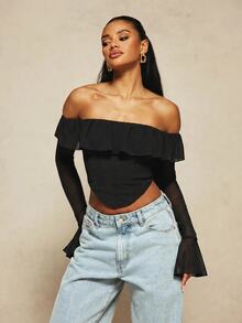 MISSGUIDED X Carli Bybel Ruffle Ruffle Frill Corset Crop Top With Sheer Mesh Long Flared Sleeves Party Club Night Out Halloween Black Autumn Sexy - Black - View 3