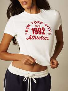 MISSGUIDED NYC 1992 Athletics 圖案印花短版修身圓領短袖緊身 T-shirt - 白色 - 查看 6