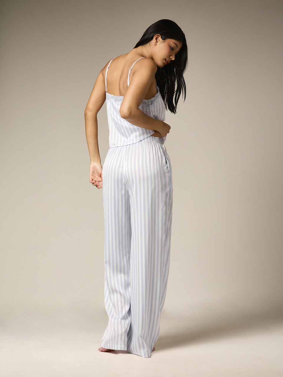 AiiRZ Stripe Satin Lace Trim Camisole And Wide Leg Palazzo Pajama Set Two Piece Sleepwear Loungewear Collection For Comfortable Night Sleep And Relaxation