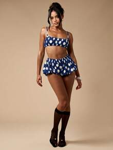 MISSGUIDED Polka Dot Two-Piece Coord Set With Ruched Bandeau Crop Top And Ruffle Skirted Bottom Summer Beach Vacation - Navy Blue - View 4