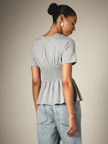 KSTM Ruched Bodice Peplum T-Shirt With Smocked Waist Crew Neck Short Sleeve Flared Hem Casual Top - Grey - View 2