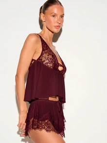 KIZN Lace Trim Deep V-Neck Cami Top Flowy Babydoll Sleeveless Nightwear Intimate Sleepwear Camisole - Brown - View 3