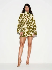 KIZN Printed High Neck Plunge Front Frill Mini Dress With Long Cape Sleeves And Abstract Animal Print - Green - View 3