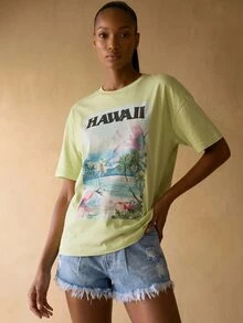 Rouah Women's Printed 100% Cotton Hawaii Palm Tree Round Neck Short Sleeve Casual T-Shirt - Summer T-Shirt, Casual Tee, Casual Top, Top For Summer - Mint Green - View 4