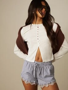 MISSGUIDED Gingham Check Elastic Waist Ruffle Hem Shorts With Lace Trim Drawstring Casual Summer Mini - Multicolor - View 5