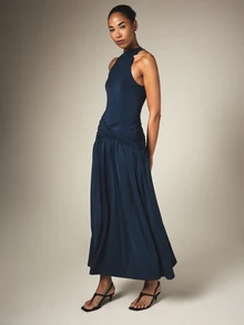 KSTM Halter Neck Ruched Waist Maxi Dress Sleeveless Racerback Flowing Skirt Evening Party Formal Occasion - Blue - View 4