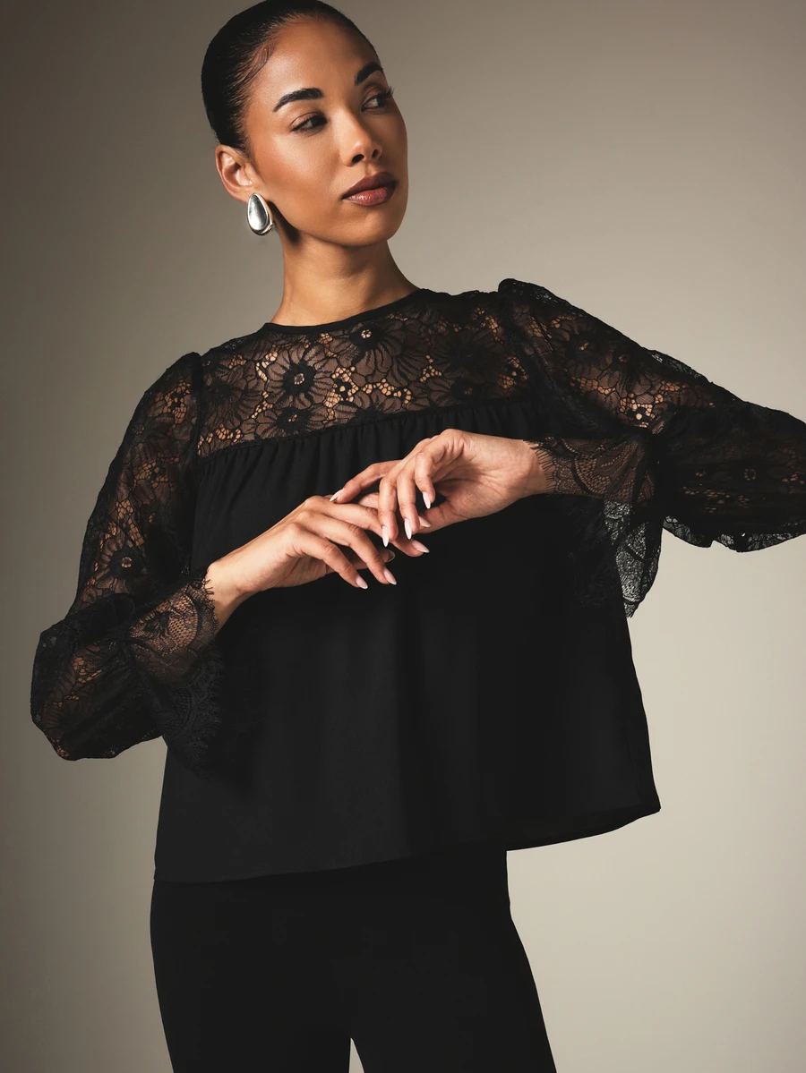 KSTM Elegant Floral Lace Sheer Sleeve Blouse With Lace Yoke Round Neck Long Sleeve Party Evening Top - Black - View 1