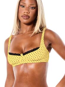 SUMWON WOMEN Polka Dot Balconette Bra With Lace Trim Detail Square Neck Bralette Lingerie Everyday Comfort Style - Yellow - View 6