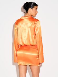 KIZN Vestido Camisa Mini de Satén con Botones Delanteros, Mangas Largas y Cuello con Solapa para Fiesta, Salidas Nocturnas y Verano - Naranja - Ver 2