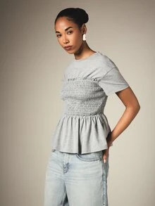 KSTM Ruched Bodice Peplum T-Shirt With Smocked Waist Crew Neck Short Sleeve Flared Hem Casual Top - Grey - View 4
