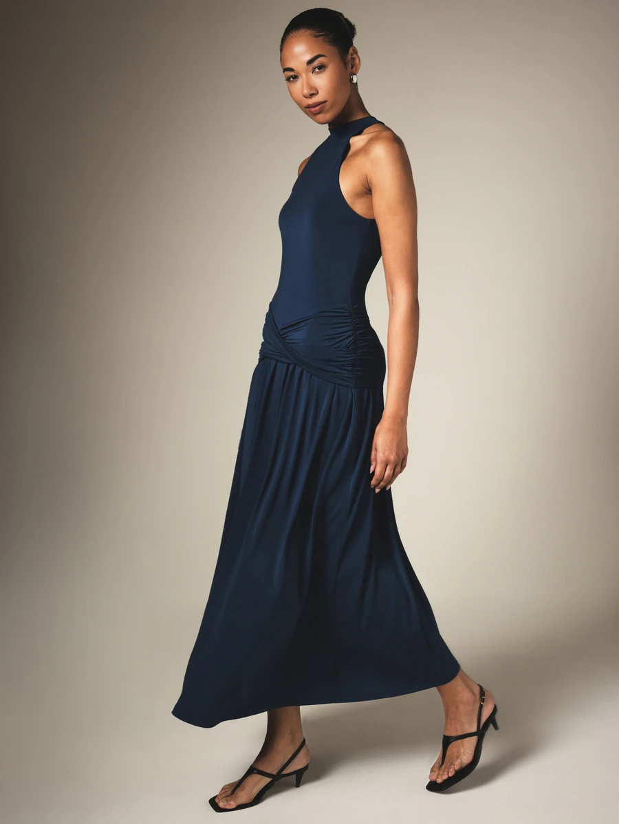 KSTM Halter Neck Ruched Waist Maxi Dress Sleeveless Racerback Flowing Skirt Evening Party Formal Occasion - Blue - View 1