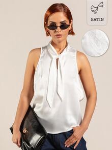 Rouah Damen Racerback Satin Top mit Spitzen Blumenstickerei - Sommer Top, elegantes Sommer Top, leichtes Satin Top, Party Top für den Sommer - Weiss - Übersicht 1