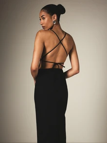 KSTM Backless Maxi Dress With Square Neck Crossback Straps Side Slit Sleeveless Bodycon Evening Style - Black - View 6