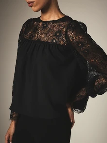 KSTM Elegant Floral Lace Sheer Sleeve Blouse With Lace Yoke Round Neck Long Sleeve Party Evening Top - Black - View 6