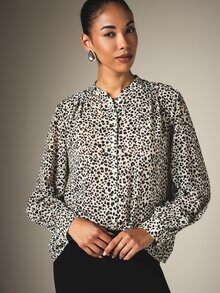 KSTM Leopard Spot Print Button-Up Blouse With Puff Long Sleeves Notch Neckline Relaxed Fit High-Low Hem - Multicolor - View 6