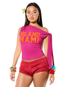 SUMWON WOMEN Island Mami 圖案單肩短版上衣，綁帶設計與露背 - 玫紅色 - 查看 1