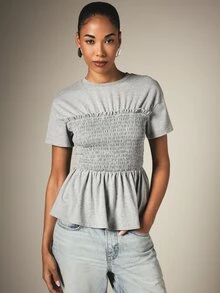 KSTM Ruched Bodice Peplum T-Shirt With Smocked Waist Crew Neck Short Sleeve Flared Hem Casual Top - Grey - View 6