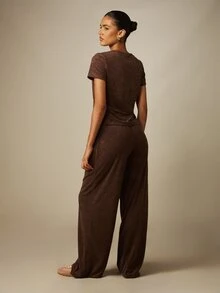 MISSGUIDED Towelling Textured Co-Ord Set With Crew Neck Short Sleeve Top And Wide Leg Drawstring Pants - Brown - View 2