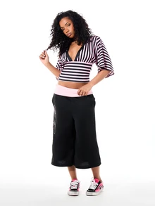 SUMWON WOMEN Wide Leg Fold-Over Waistband Culottes Shorts With Script Print Below Knee Length Casual Summer Style - Black - View 3