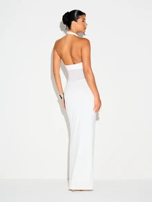 KIZN Twist Halter Neck Mesh Insert Backless Maxi Dress With Mermaid Silhouette For Evening And Formal Occasions - White - View 2